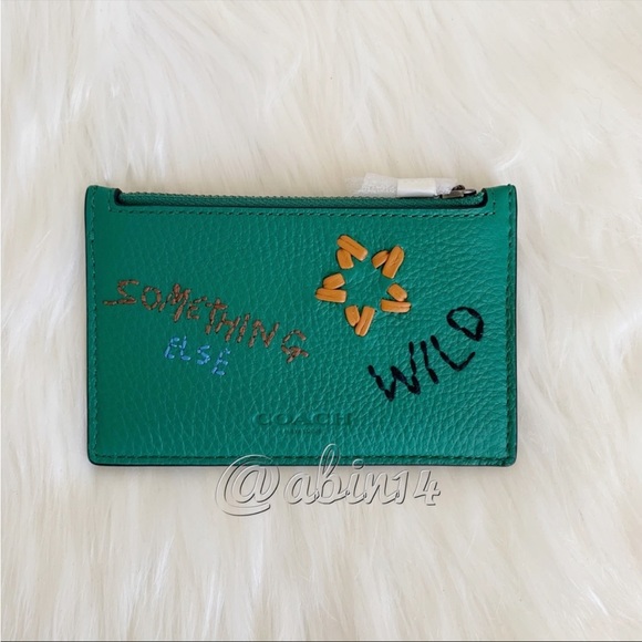 NWT Coach Zip Card Case in Green Leather with Diary Embroidery - Picture 7 of 8